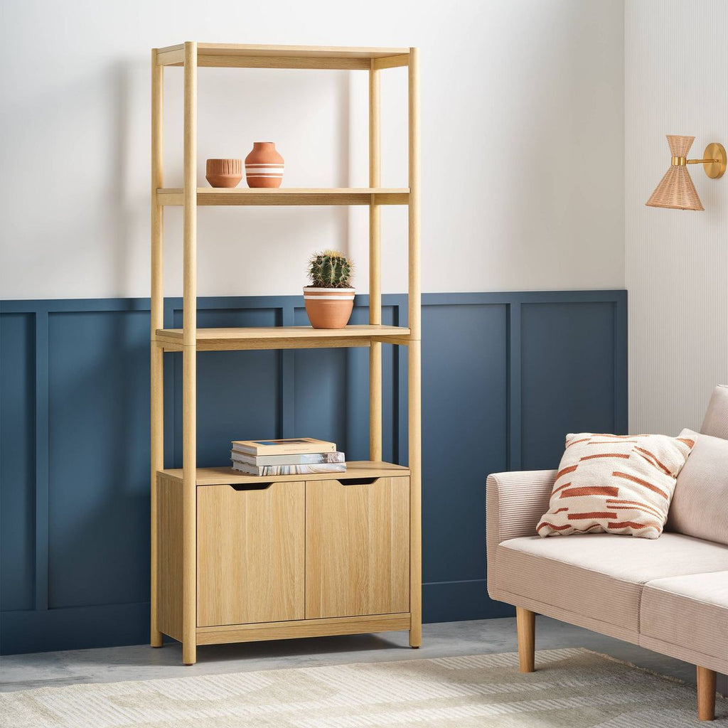 New 72.25" Scandi Bookcase with Shelves and Cabinet